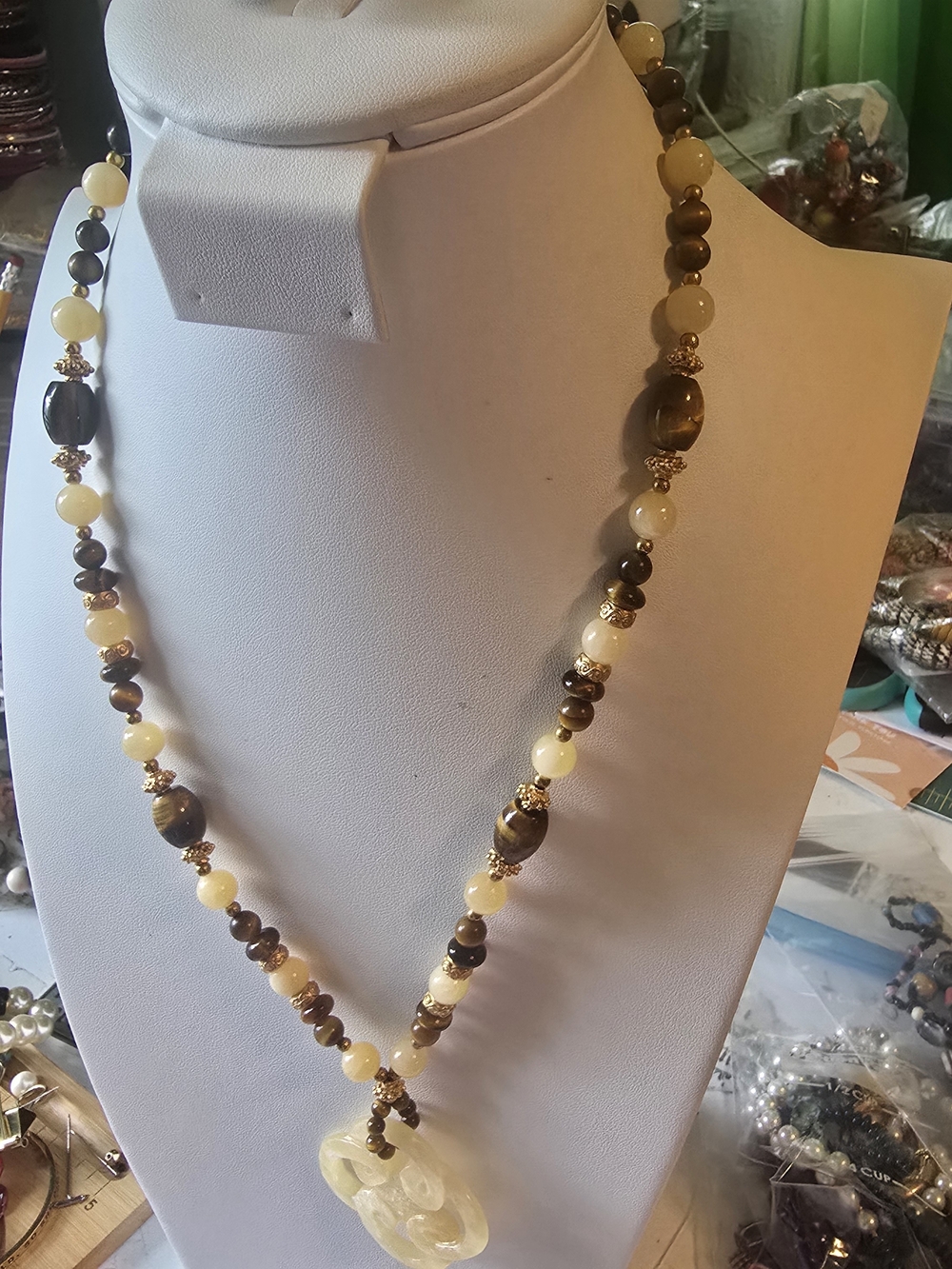 Handcrafted Brown and Cream Beaded Pendant Necklace